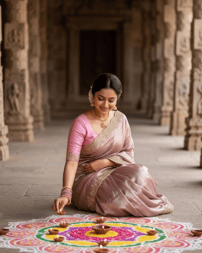 Premium Pure Gold Crush Silk Saree with Hand Work Bits and Sequence Work - Rosepetals Luxe