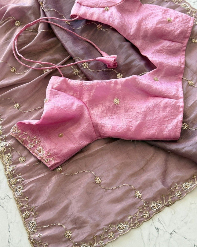 Premium Pure Gold Crush Silk Saree with Hand Work Bits and Sequence Work - Rosepetals Luxe