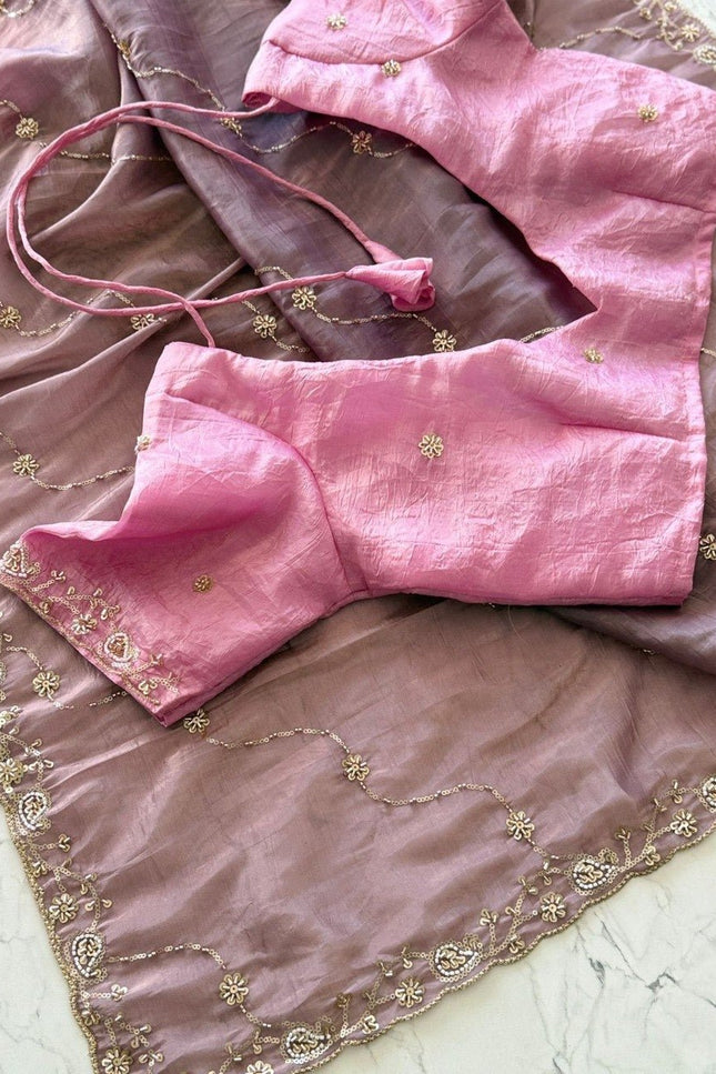Premium Pure Gold Crush Silk Saree with Hand Work Bits and Sequence Work - Rosepetals Luxe
