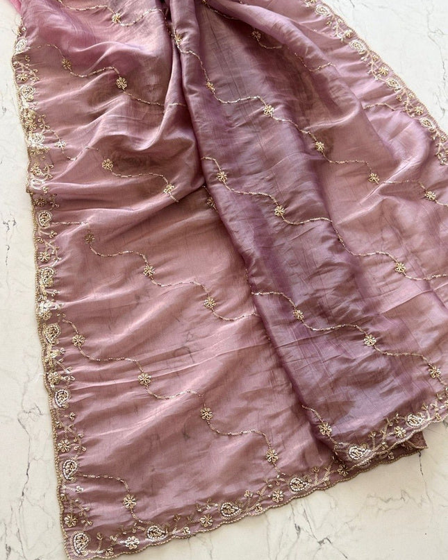 Premium Pure Gold Crush Silk Saree with Hand Work Bits and Sequence Work - Rosepetals Luxe