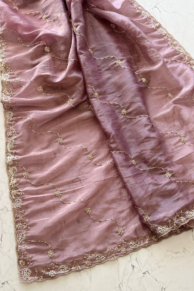Premium Pure Gold Crush Silk Saree with Hand Work Bits and Sequence Work - Rosepetals Luxe