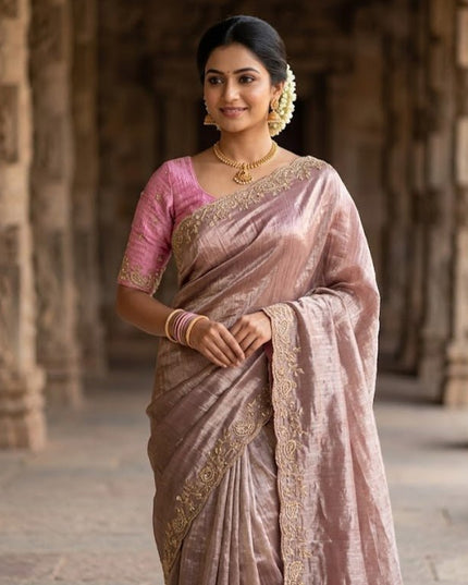 Premium Pure Gold Crush Silk Saree with Hand Work Bits and Sequence Work - Rosepetals Luxe