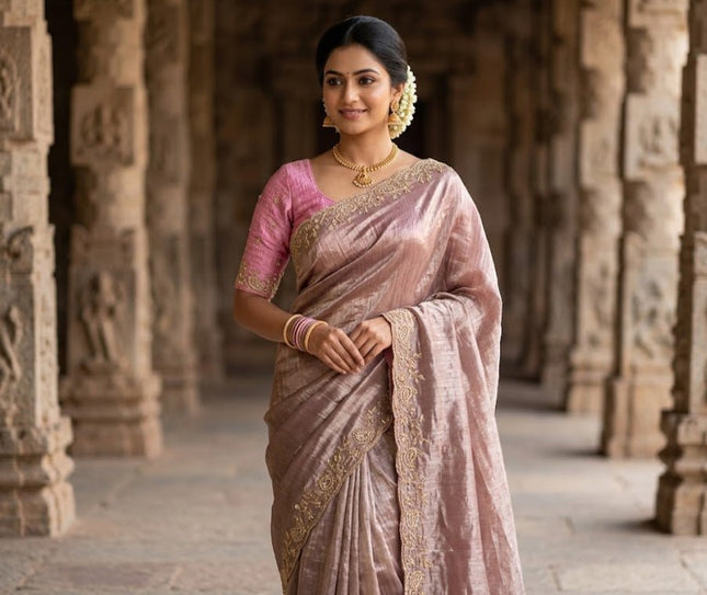Premium Pure Gold Crush Silk Saree with Hand Work Bits and Sequence Work - Rosepetals Luxe