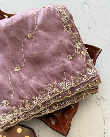 Premium Pure Gold Crush Silk Saree with Hand Work Bits and Sequence Work - Rosepetals Luxe