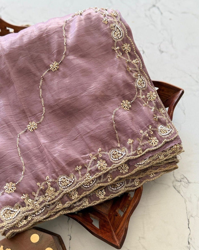 Premium Pure Gold Crush Silk Saree with Hand Work Bits and Sequence Work - Rosepetals Luxe