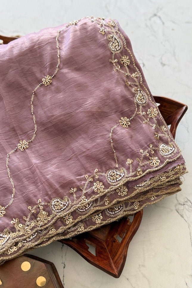 Premium Pure Gold Crush Silk Saree with Hand Work Bits and Sequence Work - Rosepetals Luxe