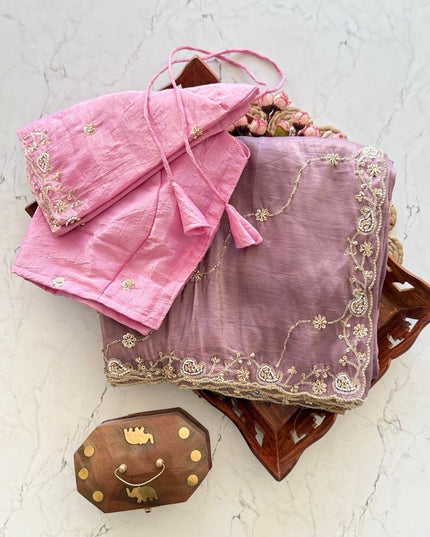 Premium Pure Gold Crush Silk Saree with Hand Work Bits and Sequence Work - Rosepetals Luxe