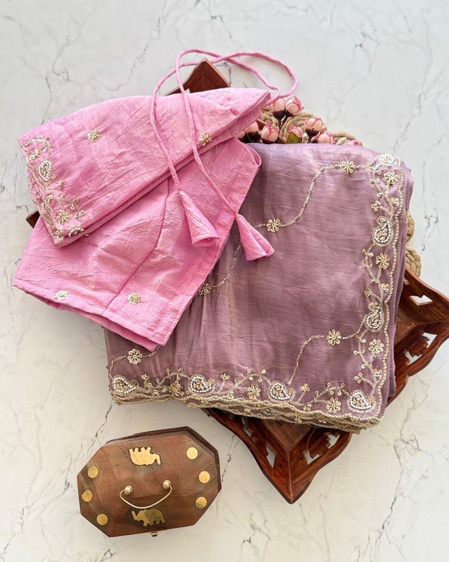 Premium Pure Gold Crush Silk Saree with Hand Work Bits and Sequence Work - Rosepetals Luxe