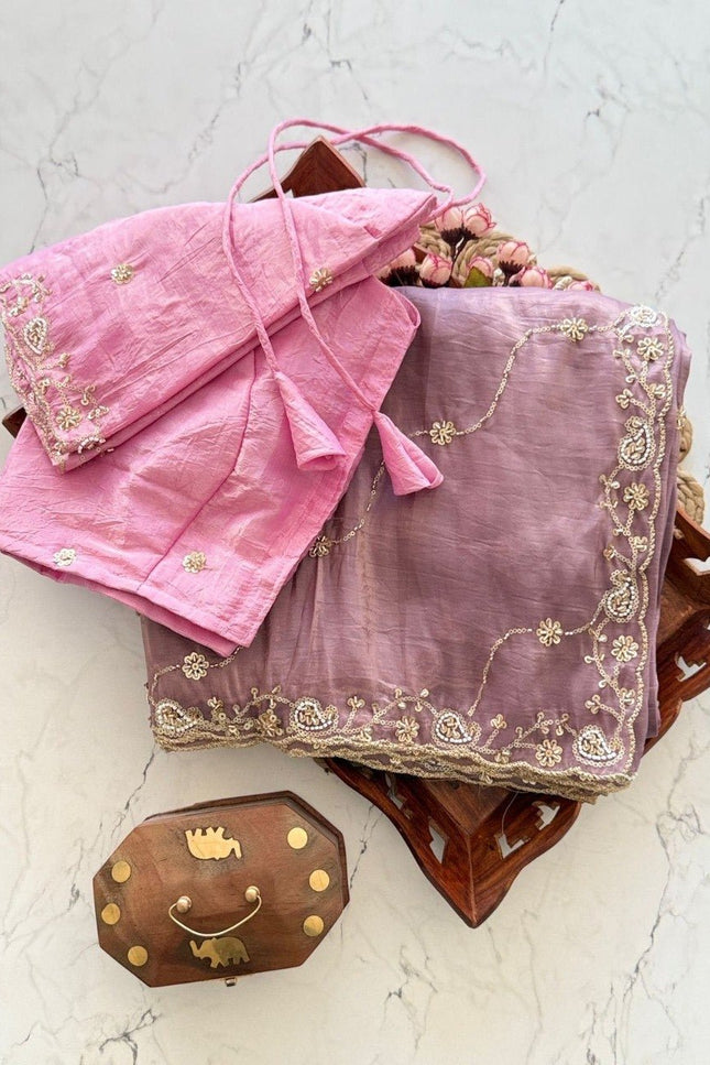 Premium Pure Gold Crush Silk Saree with Hand Work Bits and Sequence Work - Rosepetals Luxe