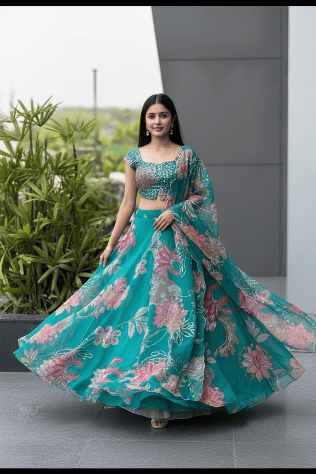 Premium Pure Organza Lehenga Set | Embroidery Sequin Blouse & Batwa Bag - Rosepetals Luxe