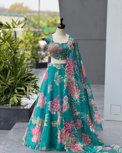 Premium Pure Organza Lehenga Set | Embroidery Sequin Blouse & Batwa Bag - Rosepetals Luxe