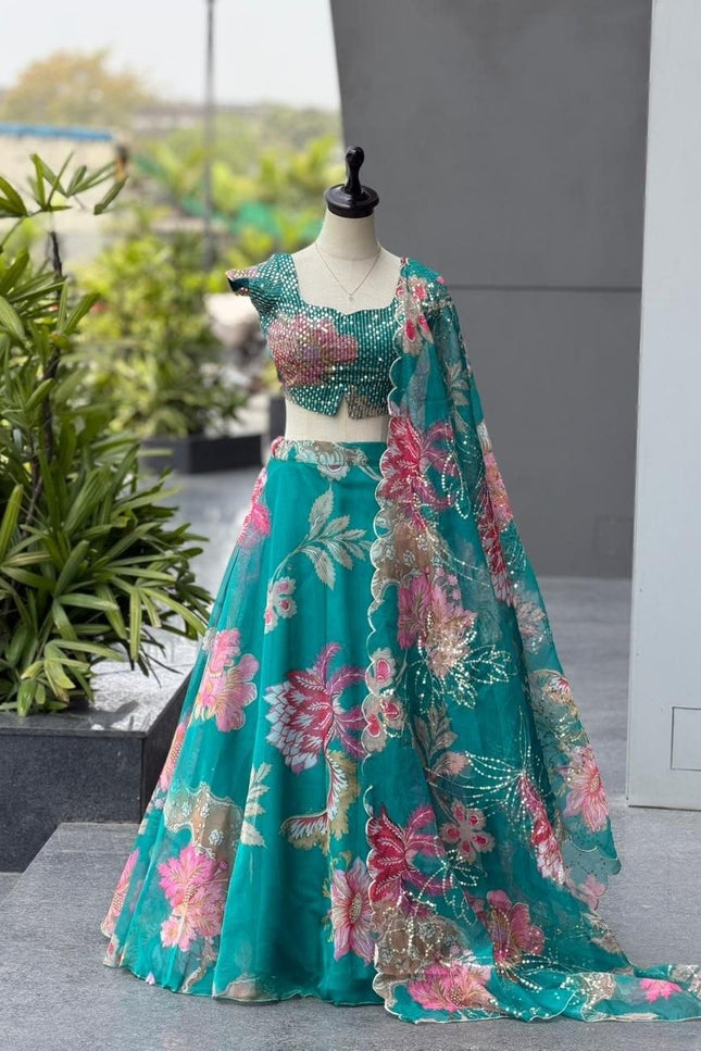 Premium Pure Organza Lehenga Set | Embroidery Sequin Blouse & Batwa Bag - Rosepetals Luxe