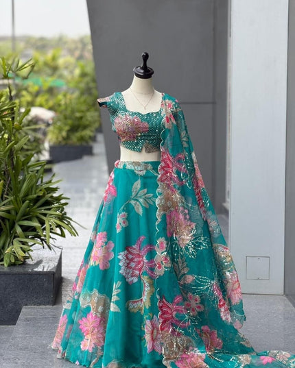 Premium Pure Organza Lehenga Set | Embroidery Sequin Blouse & Batwa Bag - Rosepetals Luxe