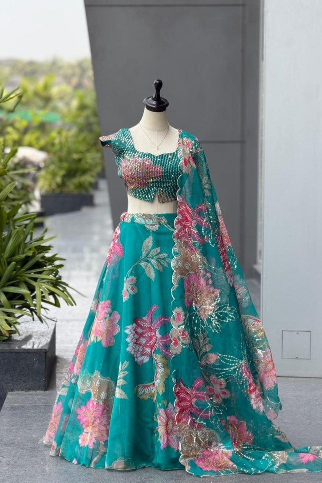 Premium Pure Organza Lehenga Set | Embroidery Sequin Blouse & Batwa Bag - Rosepetals Luxe