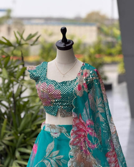 Premium Pure Organza Lehenga Set | Embroidery Sequin Blouse & Batwa Bag - Rosepetals Luxe