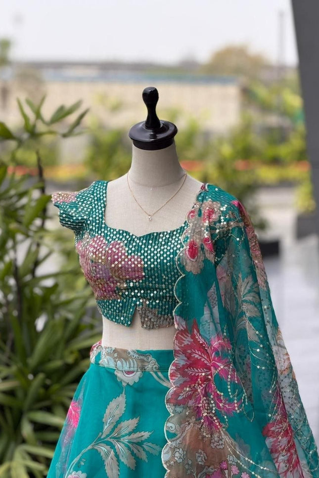 Premium Pure Organza Lehenga Set | Embroidery Sequin Blouse & Batwa Bag - Rosepetals Luxe