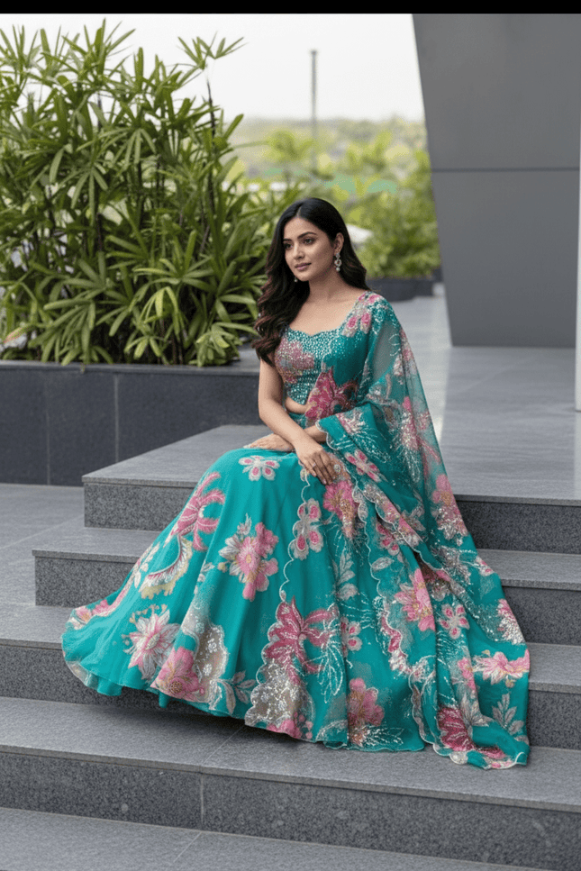 Premium Pure Organza Lehenga Set | Embroidery Sequin Blouse & Batwa Bag - Rosepetals Luxe