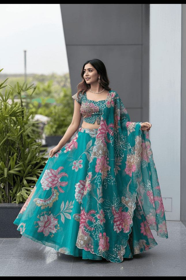 Premium Pure Organza Lehenga Set | Embroidery Sequin Blouse & Batwa Bag - Rosepetals Luxe