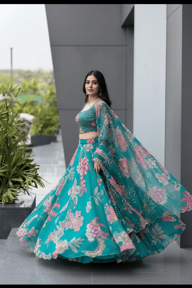Premium Pure Organza Lehenga Set | Embroidery Sequin Blouse & Batwa Bag - Rosepetals Luxe