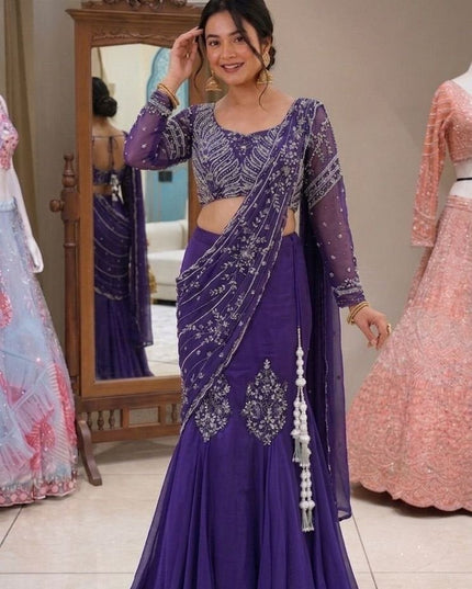 Premium Purple Fancy Lehenga Choli Pure Chinon Silk Heavy Embroidery Sequence Work - Rosepetals Luxe