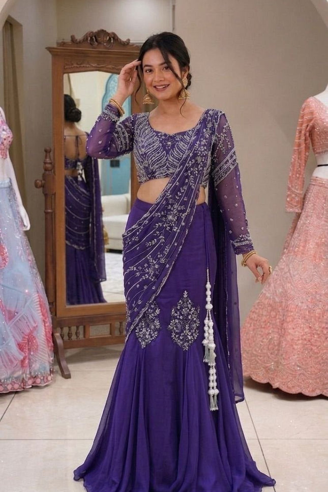 Premium Purple Fancy Lehenga Choli Pure Chinon Silk Heavy Embroidery Sequence Work - Rosepetals Luxe