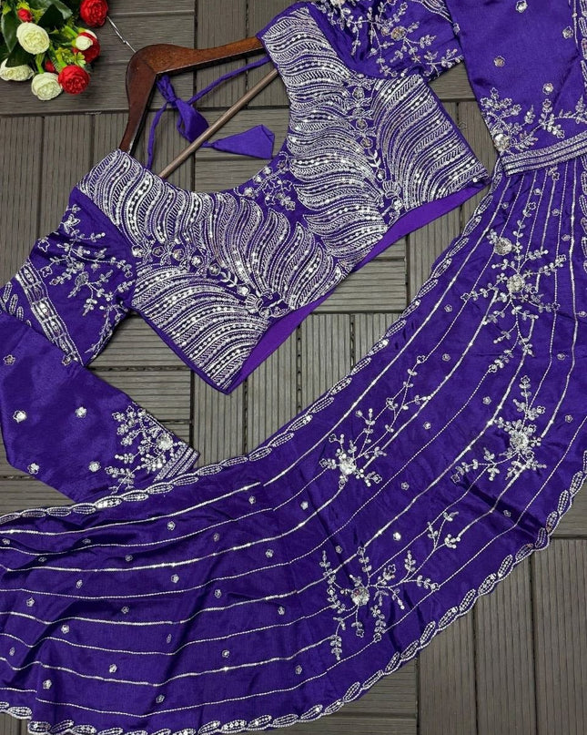 Premium Purple Fancy Lehenga Choli Pure Chinon Silk Heavy Embroidery Sequence Work - Rosepetals Luxe