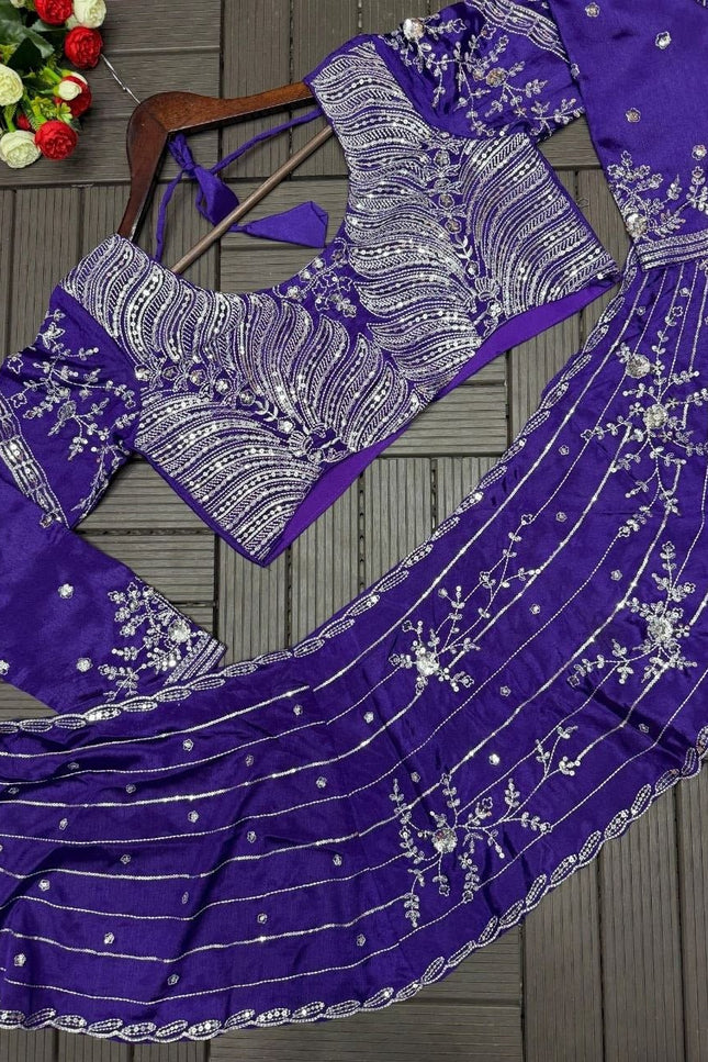 Premium Purple Fancy Lehenga Choli Pure Chinon Silk Heavy Embroidery Sequence Work - Rosepetals Luxe