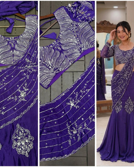 Premium Purple Fancy Lehenga Choli Pure Chinon Silk Heavy Embroidery Sequence Work - Rosepetals Luxe