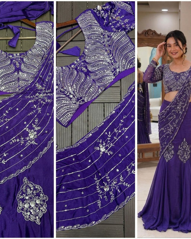 Premium Purple Fancy Lehenga Choli Pure Chinon Silk Heavy Embroidery Sequence Work - Rosepetals Luxe