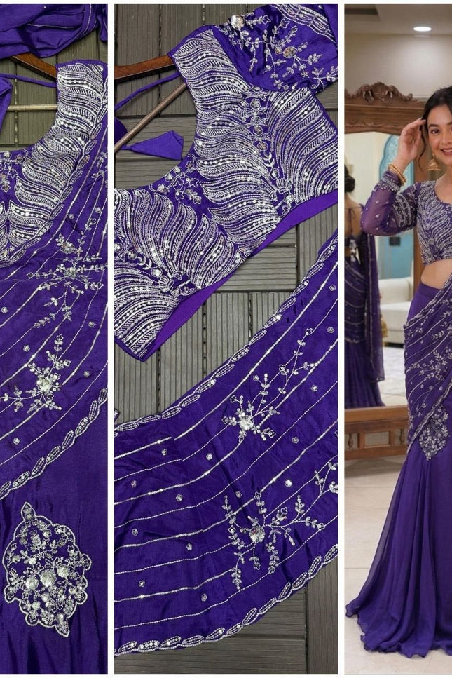 Premium Purple Fancy Lehenga Choli Pure Chinon Silk Heavy Embroidery Sequence Work - Rosepetals Luxe