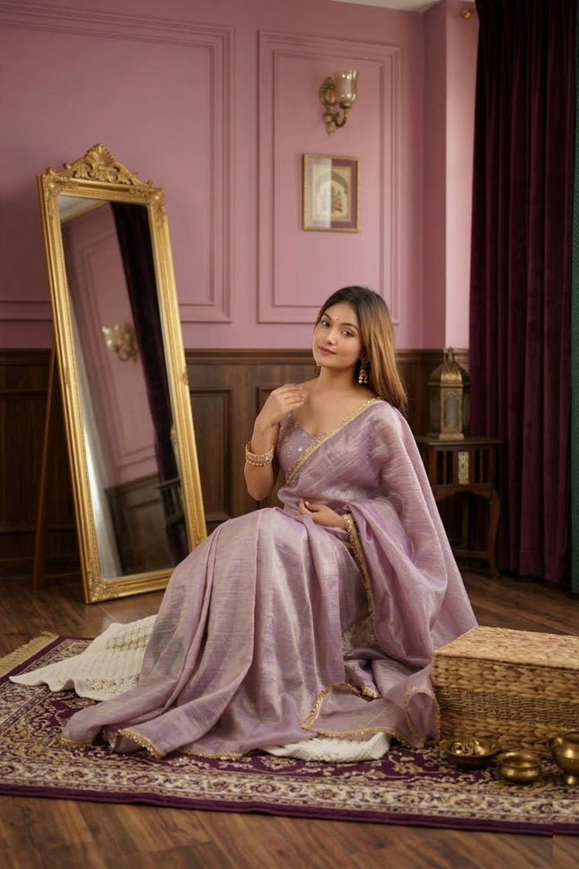 Premium Quality Gold Crush Tissue Silk Saree | Double Sequence And Embroidery Jari Work - Rosepetals Luxe