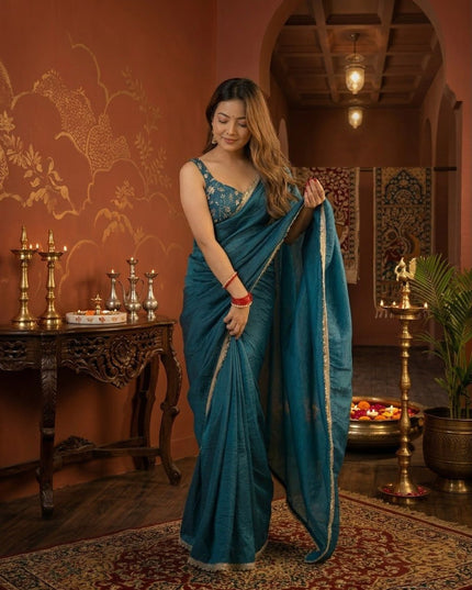 Premium Quality Gold Crush Tissue Silk Saree | Double Sequence And Embroidery Jari Work - Rosepetals Luxe