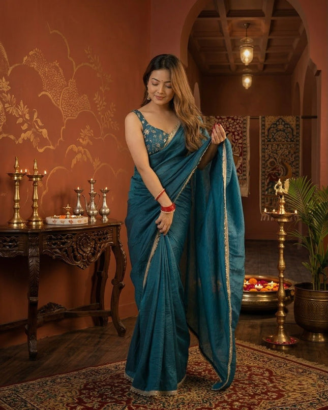 Premium Quality Gold Crush Tissue Silk Saree | Double Sequence And Embroidery Jari Work - Rosepetals Luxe