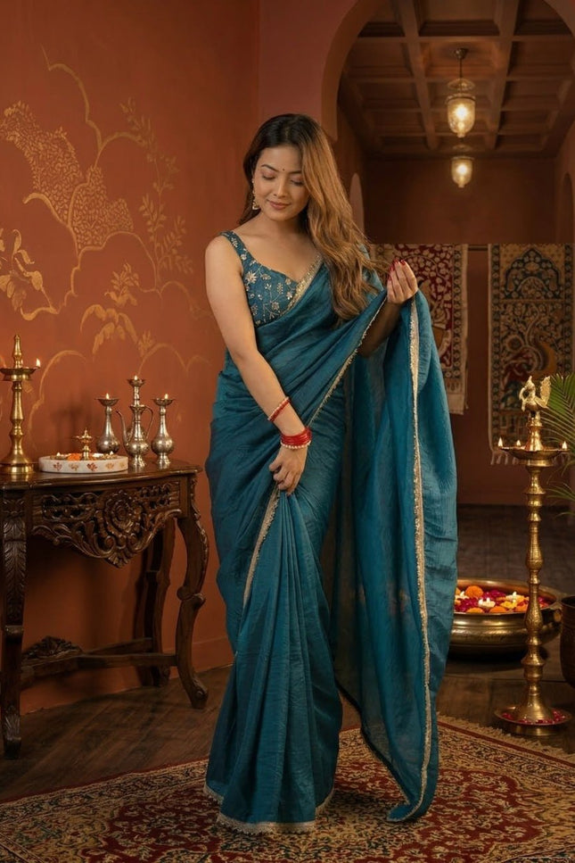 Premium Quality Gold Crush Tissue Silk Saree | Double Sequence And Embroidery Jari Work - Rosepetals Luxe
