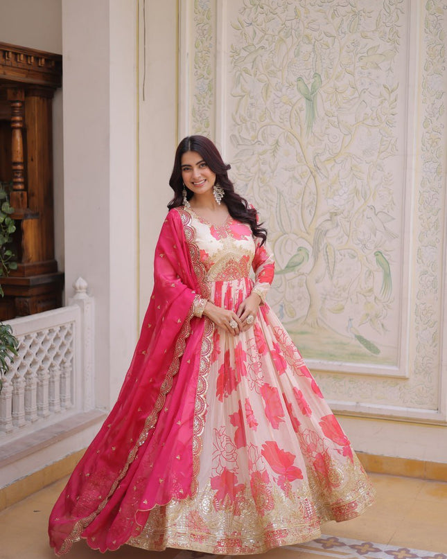 Premium Russian Silk Embroidered Gown with Dupatta Set | Zari Sequins Work - Rosepetals Luxe