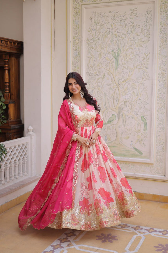 Premium Russian Silk Embroidered Gown with Dupatta Set | Zari Sequins Work - Rosepetals Luxe