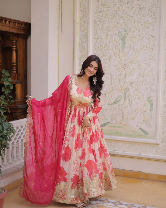 Premium Russian Silk Embroidered Gown with Dupatta Set | Zari Sequins Work - Rosepetals Luxe