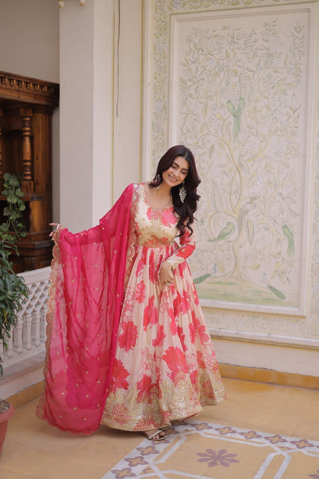 Premium Russian Silk Embroidered Gown with Dupatta Set | Zari Sequins Work - Rosepetals Luxe