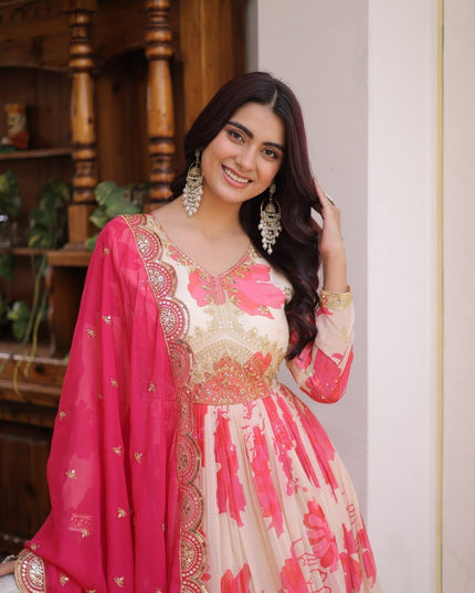 Premium Russian Silk Embroidered Gown with Dupatta Set | Zari Sequins Work - Rosepetals Luxe