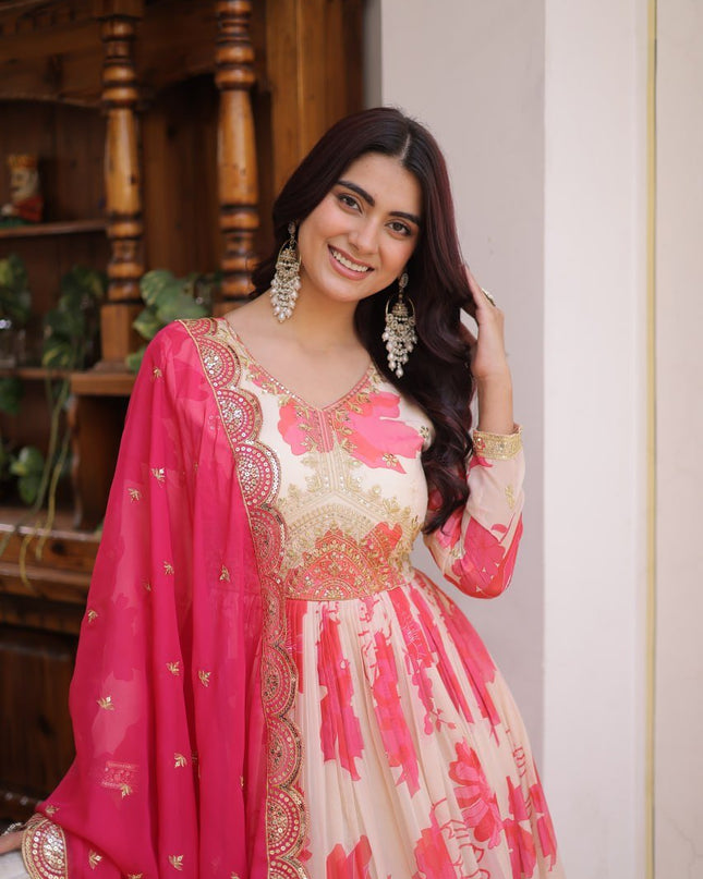 Premium Russian Silk Embroidered Gown with Dupatta Set | Zari Sequins Work - Rosepetals Luxe