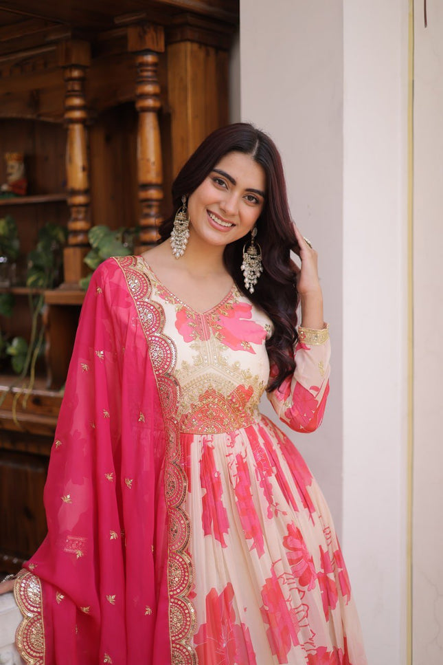 Premium Russian Silk Embroidered Gown with Dupatta Set | Zari Sequins Work - Rosepetals Luxe