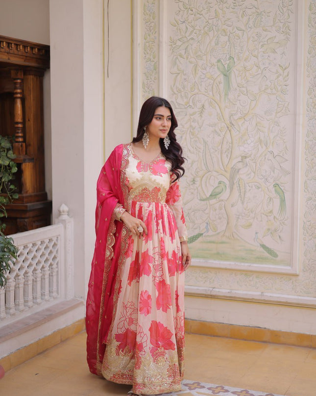 Premium Russian Silk Embroidered Gown with Dupatta Set | Zari Sequins Work - Rosepetals Luxe