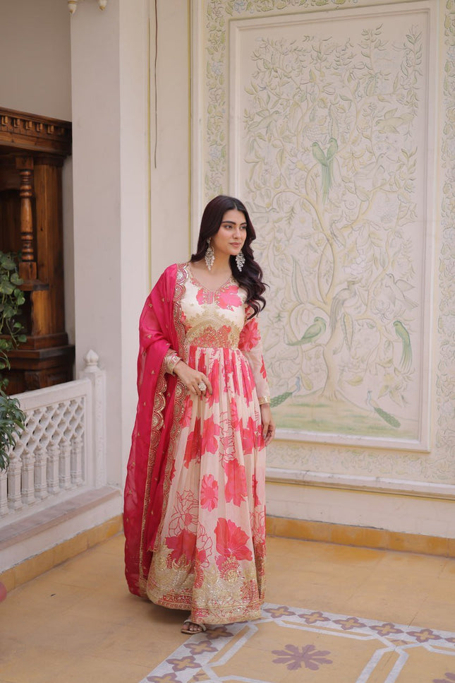 Premium Russian Silk Embroidered Gown with Dupatta Set | Zari Sequins Work - Rosepetals Luxe