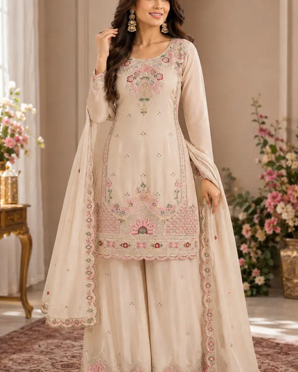 Premium Silk Embroidered Palazzo Suit Set with Handwork & Designer Dupatta – Festive Ethnic Wear - Rosepetals Luxe