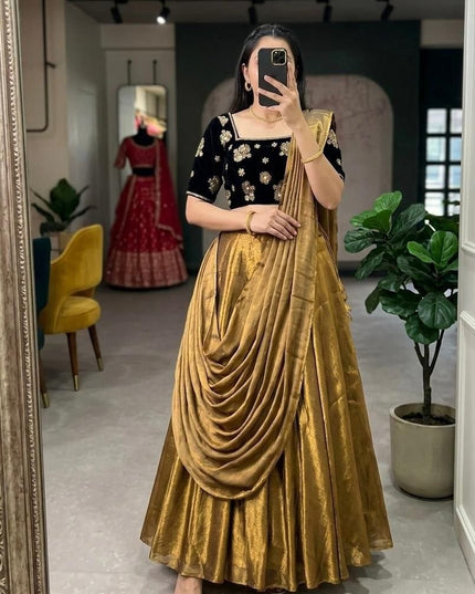 Premium Silk Half Saree Lehenga Set | Heavy Embroidery | 8M Flare | Ready to Wear - Rosepetals Luxe