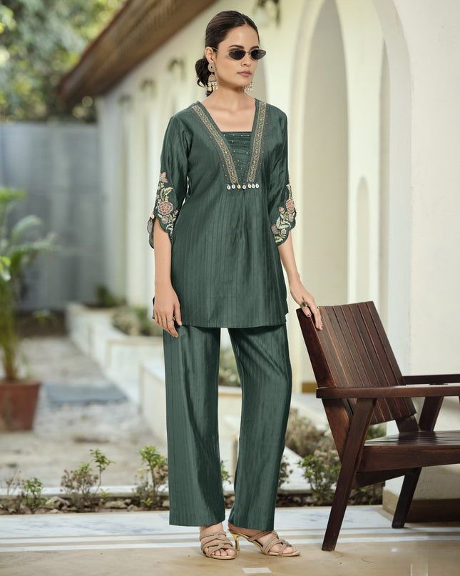 Premium Soft Viscose Bombay Fabric Coord Set With Thread Work And Hand Work - Rosepetals Luxe