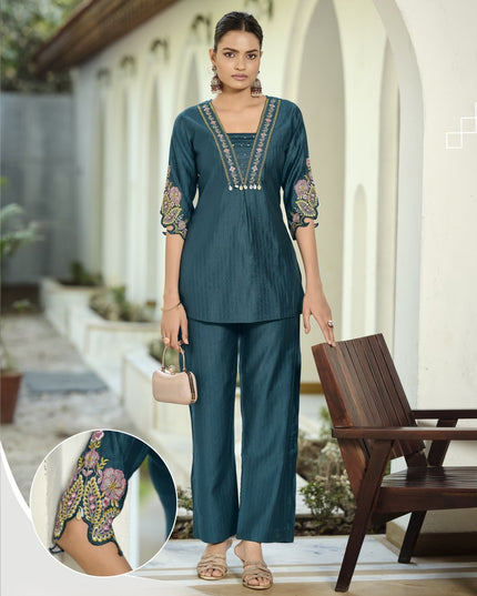 Premium Soft Viscose Bombay Fabric Coord Set With Thread Work And Hand Work - Rosepetals Luxe