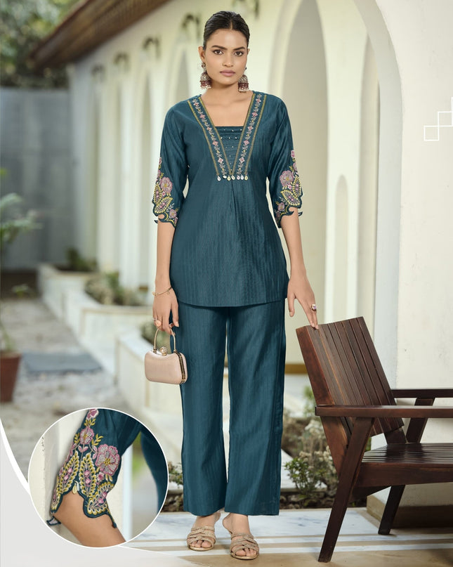Premium Soft Viscose Bombay Fabric Coord Set With Thread Work And Hand Work - Rosepetals Luxe