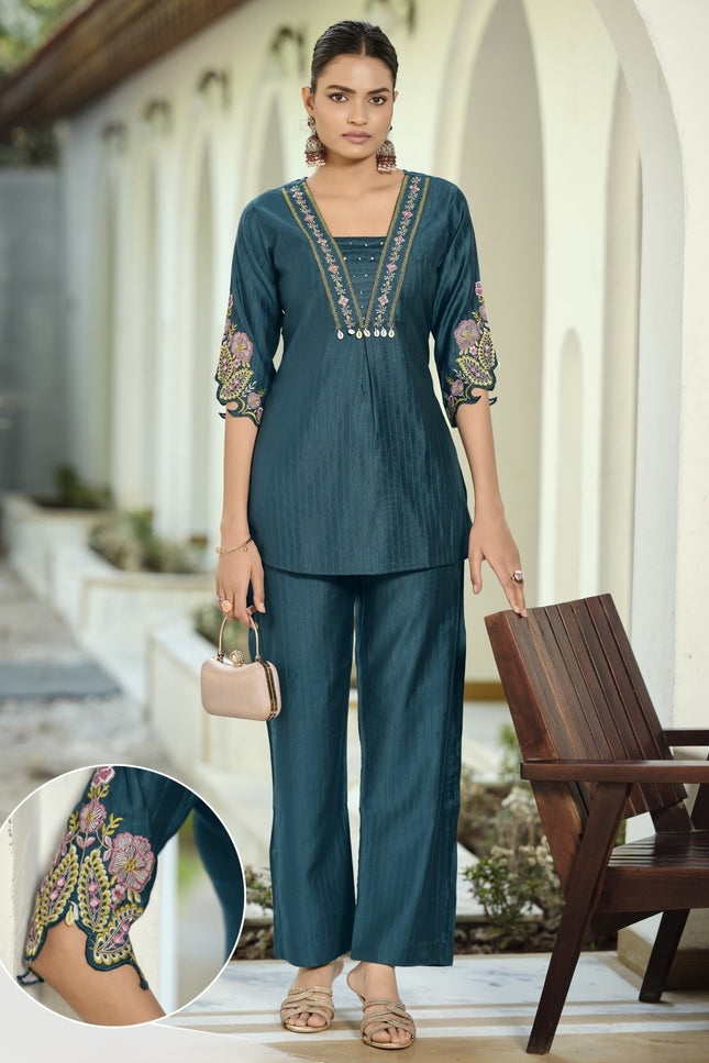 Premium Soft Viscose Bombay Fabric Coord Set With Thread Work And Hand Work - Rosepetals Luxe