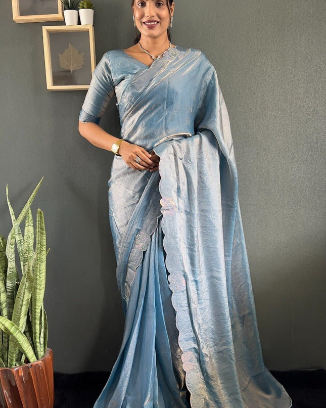 Premium Space Silk Saree with Swarovski Work & Cutwork Border - Rosepetals Luxe
